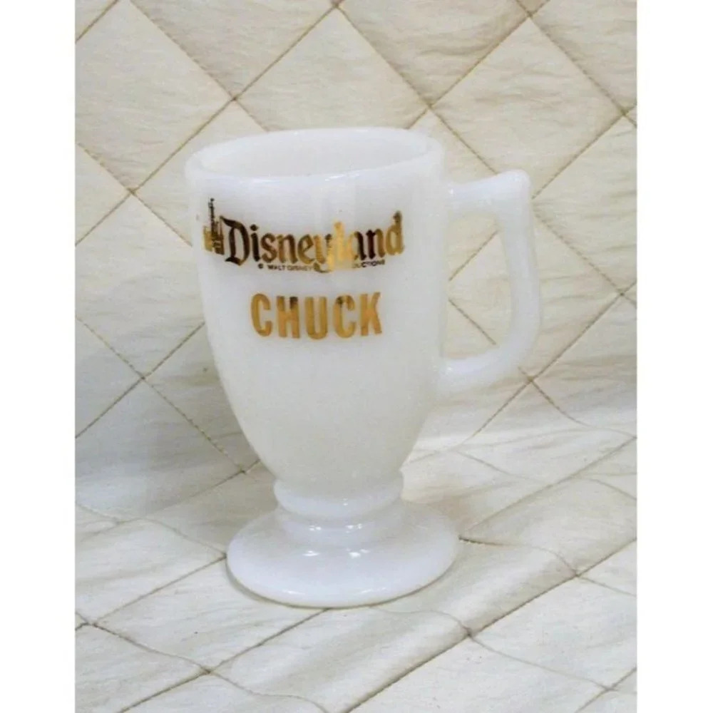 Vintage Disneyland Milk Glass Mug Footed Cup  Chuck Gold Writing White